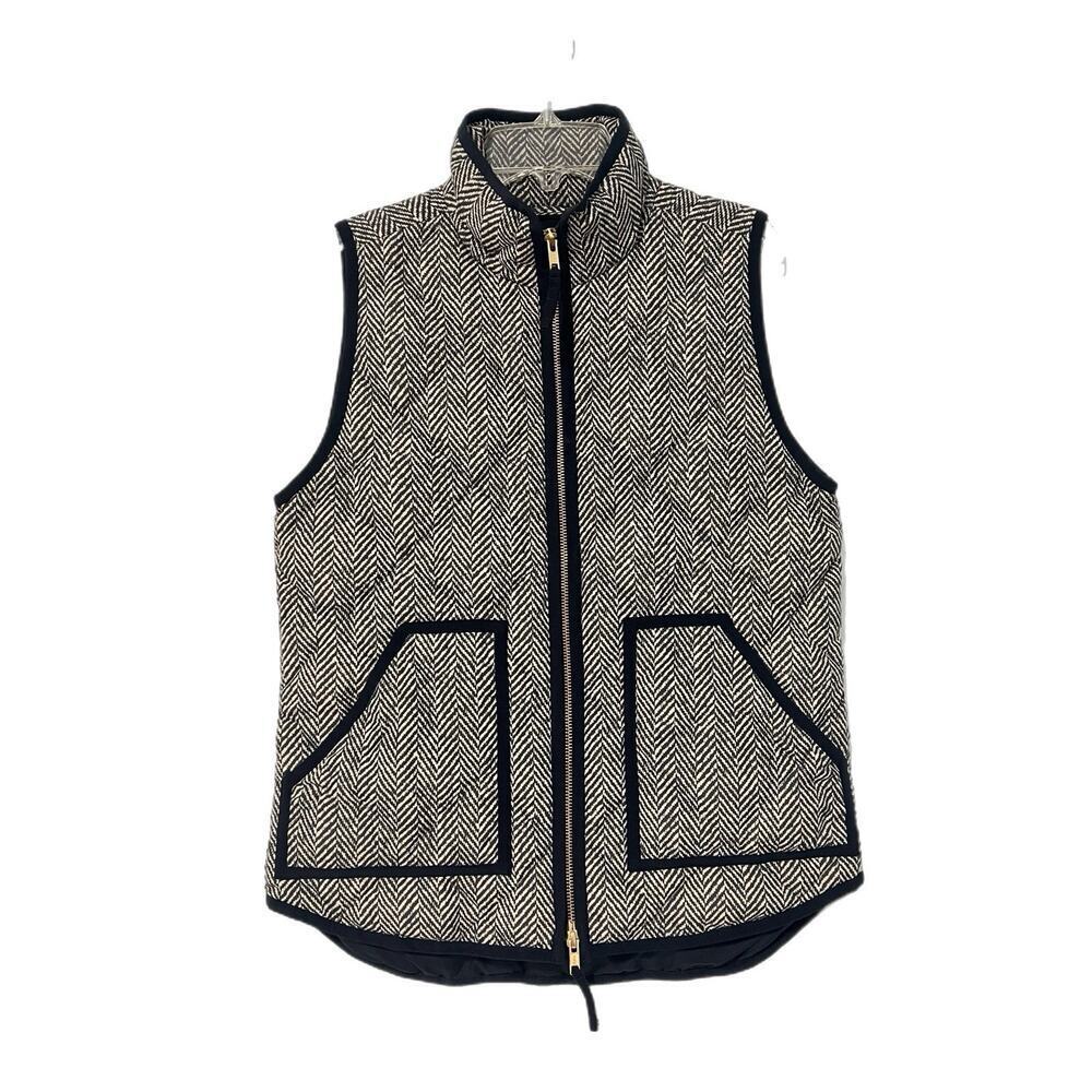 J. Crew Women’s Quilted Down Puffer Vest XS Houndstooth Black White Gold Preppy
